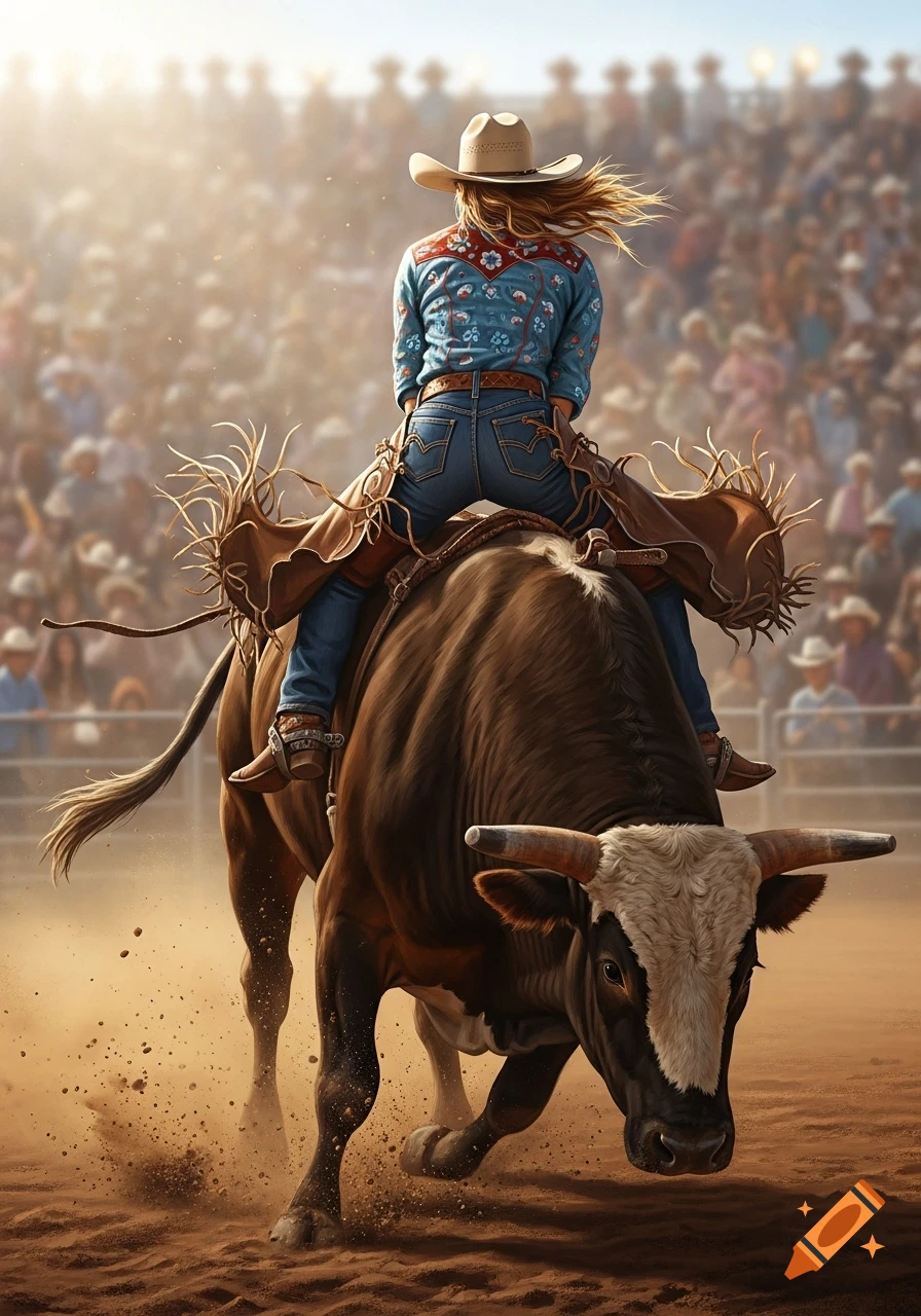 A cowgirl in a patterned shirt and jeans rides a bucking bull in a dusty rodeo arena with a crowd in the background.