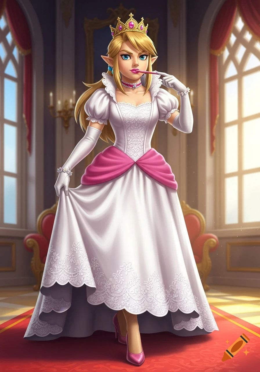 Link dressed as Princess Peach in a white and pink ballgown, wearing a ...