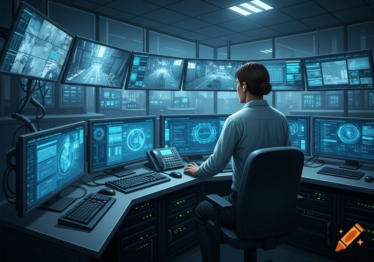 A person from behind, sitting in a dimly lit monitoring room, surrounded by multiple glowing screens displaying data and video feeds.