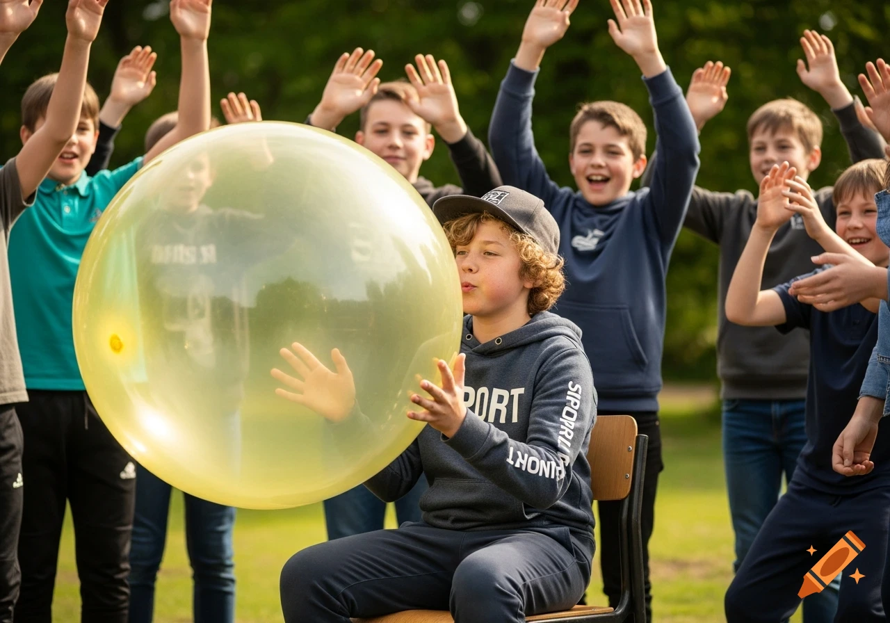 A boy with curly hair and a cap blows into a large clear yellow balloon as other boys cheer around him outdoors, photorealistic.