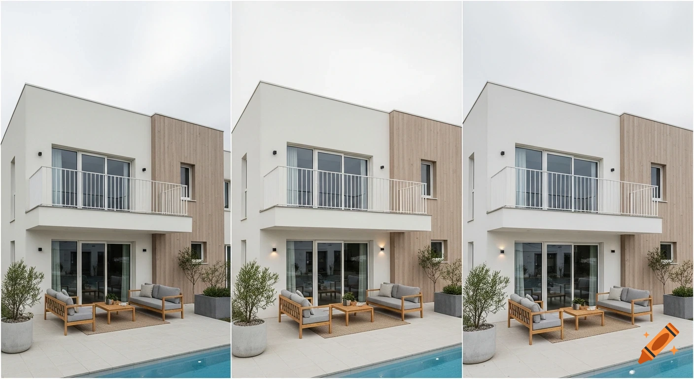 Three variations of a modern white two-story house with a balcony, patio, Nordic outdoor furniture, and a pool.