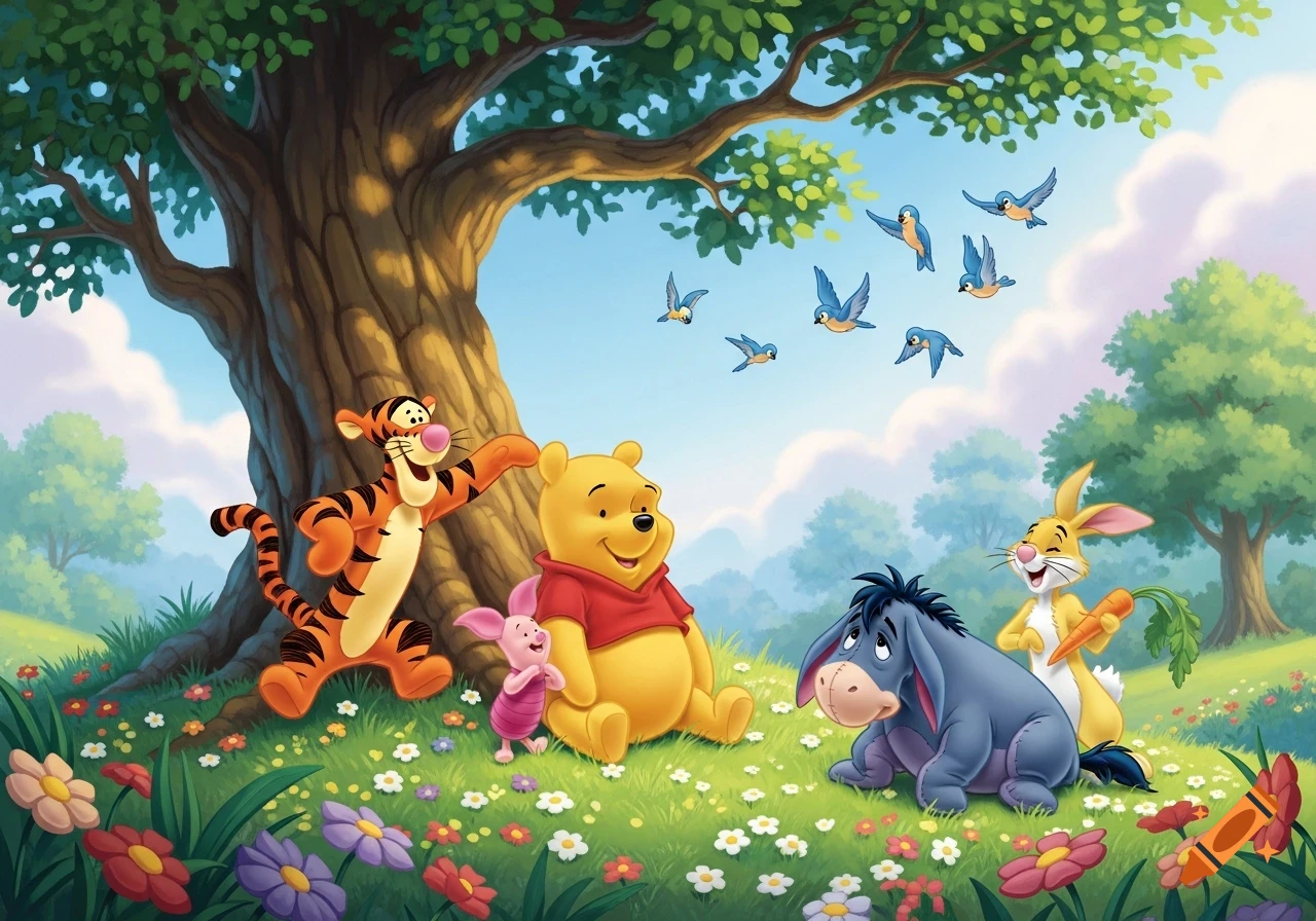 Winnie the Pooh, Tigger, Piglet, Eeyore, and Rabbit gather in a vibrant, flowery meadow under a large tree with bluebirds flying.