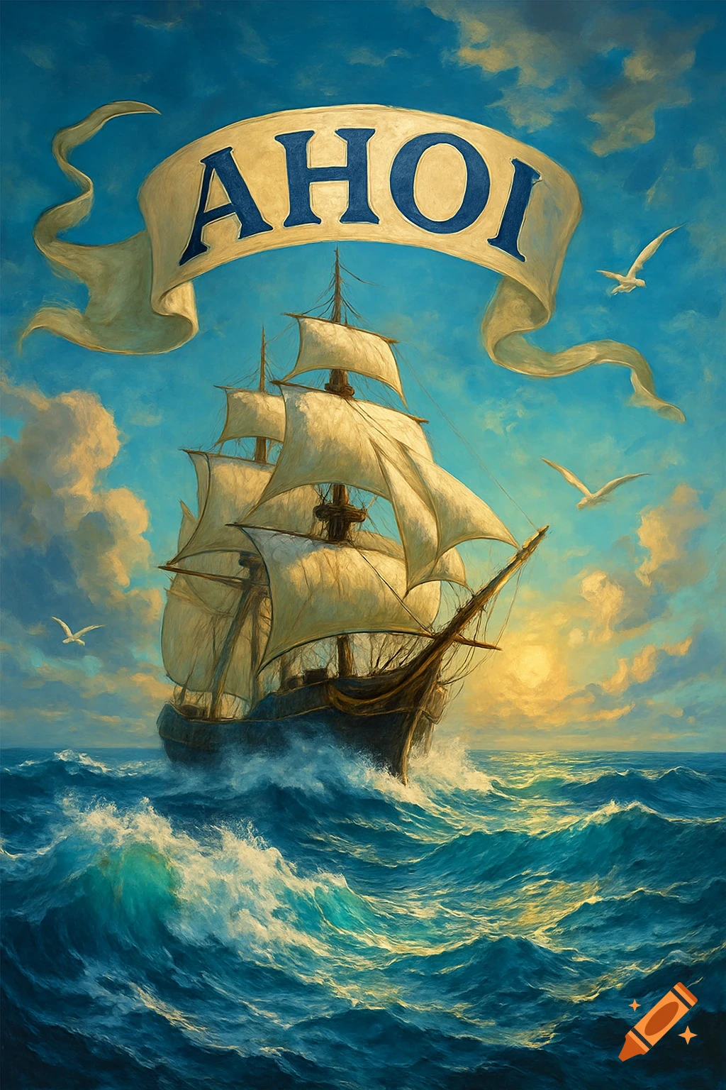 Digital painting of a tall ship on a stormy blue ocean under a cloudy sky, with a banner reading 'AHOI' and seagulls.