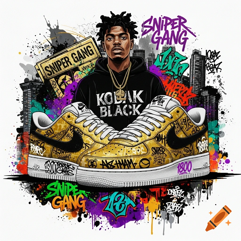 An urban art style illustration featuring a man in a black hoodie with 'KODAK BLACK' text, standing behind a pair of golden Nike Air Force 1 sneakers covered in graffiti. The background shows city buildings and colorful paint splatters with 'SNIPER GANG' text.
