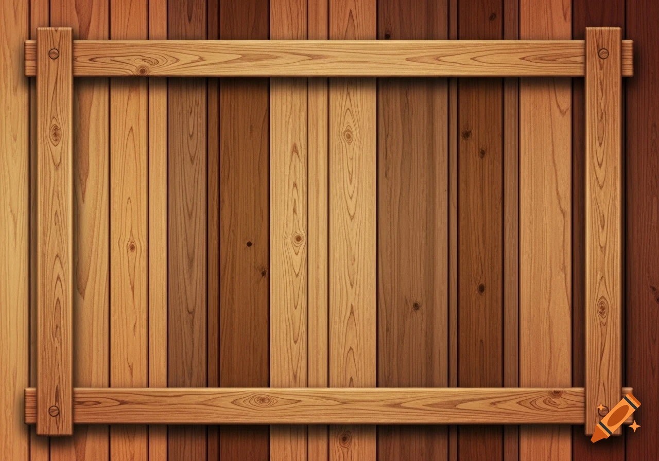 A background of vertical wooden planks in varying brown tones, with a lighter wooden frame overlaying it.
