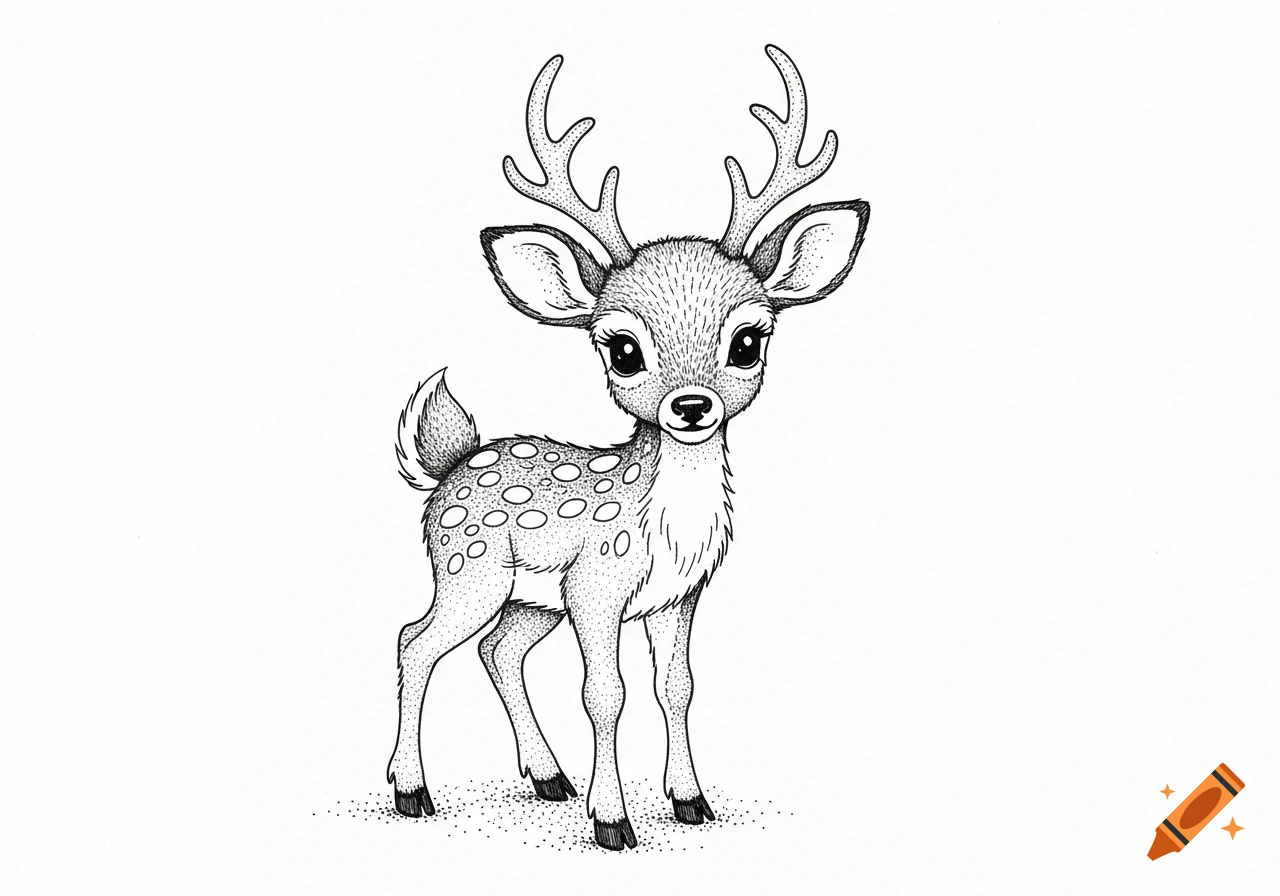A black and white ink drawing of a cute, stylized deer with antlers, featuring stippling for shading, on a white background.