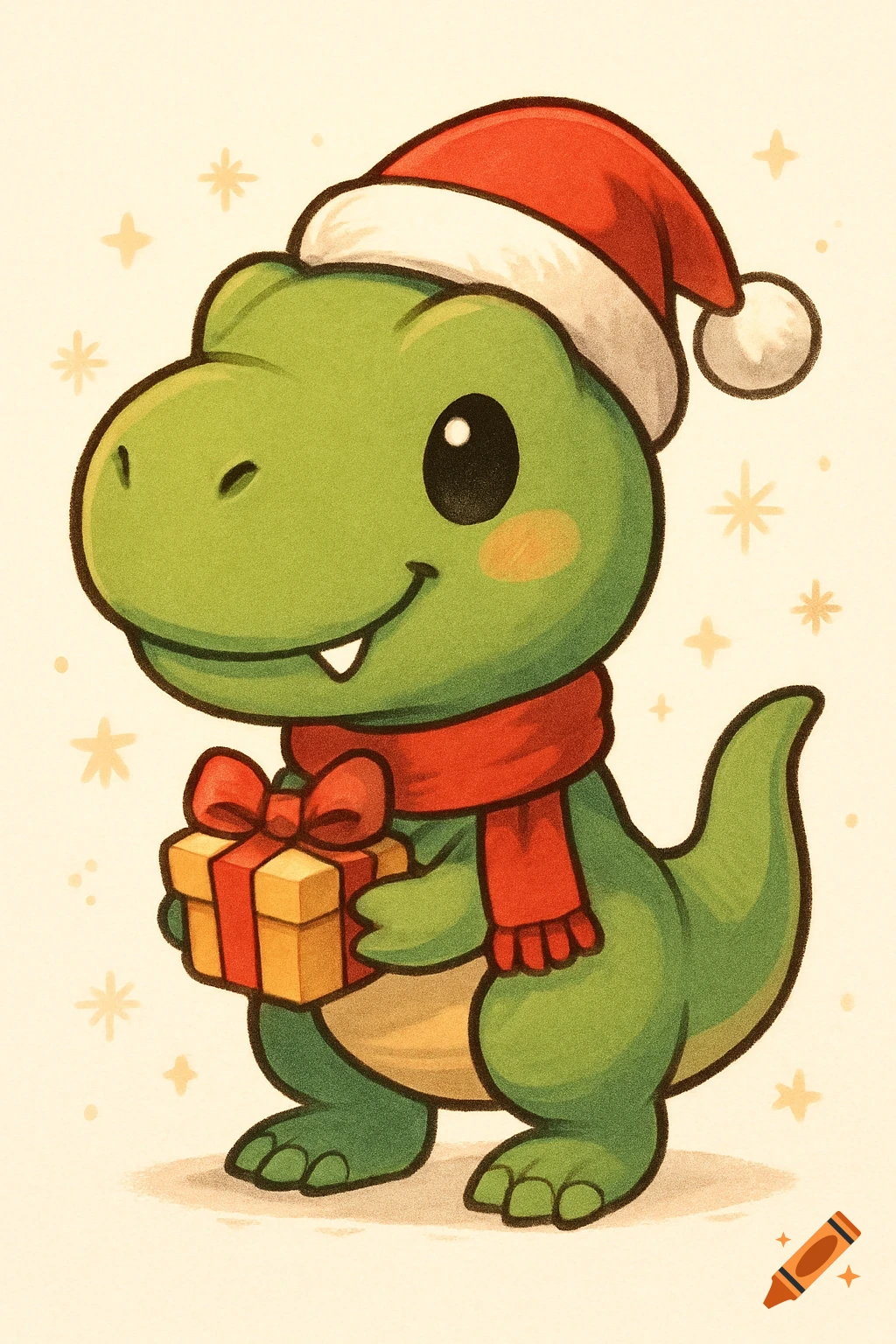 A cute green chibi T-Rex wearing a Santa hat and red scarf, holding a wrapped present, with sparkling stars in the background.