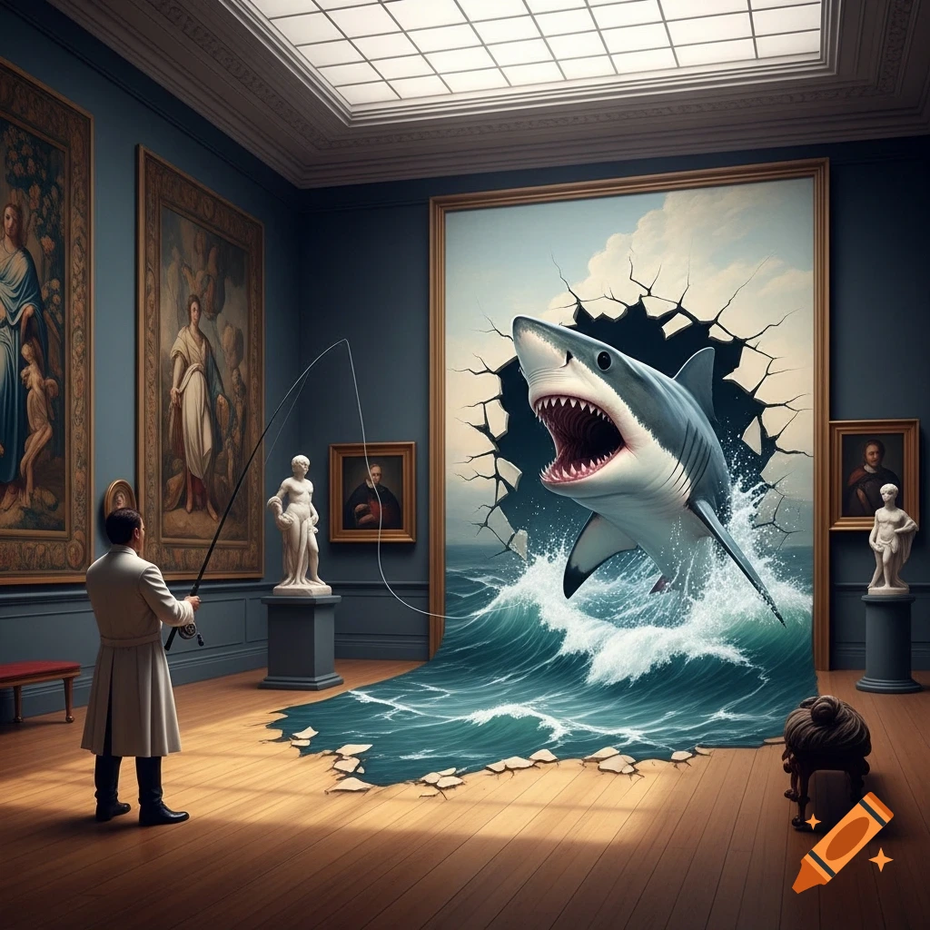 A man fishes a shark bursting out of a painting in a surreal museum scene.