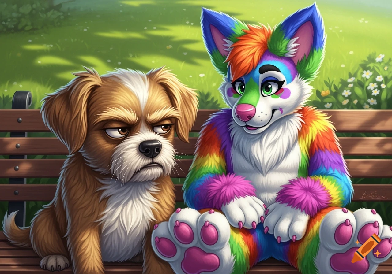 A grumpy brown and white cartoon dog side-eyes a cheerful, rainbow ...