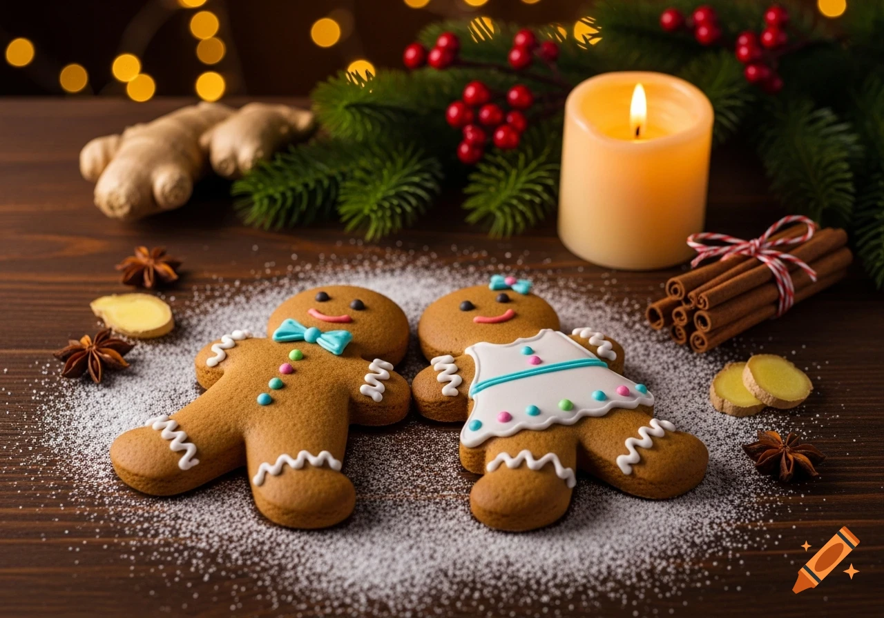 Two decorated gingerbread cookies, a 'husband' and 'wife,' on a powdered sugar-dusted table with Christmas decorations and a lit candle.