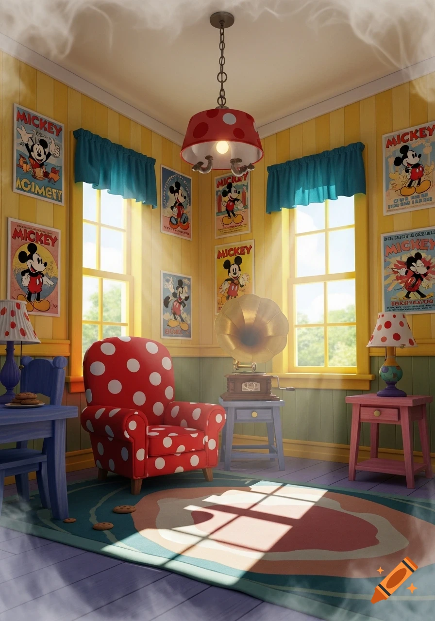 A bright, yellow-paneled room decorated with vintage Mickey Mouse posters, a red polka-dotted armchair, a gramophone, and sunbeams.