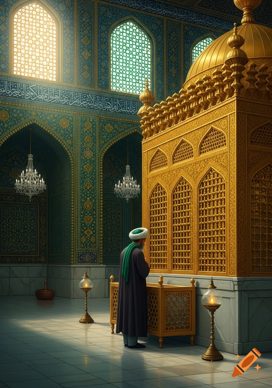 A man in a green turban and dark robe stands facing a large, ornate golden shrine inside a grand mosque with intricate teal and gold patterns.