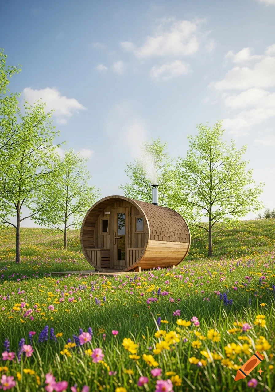 A rustic barrel sauna with a smoking chimney stands in a vibrant spring meadow filled with colorful wildflowers, under a blue sky with clouds.