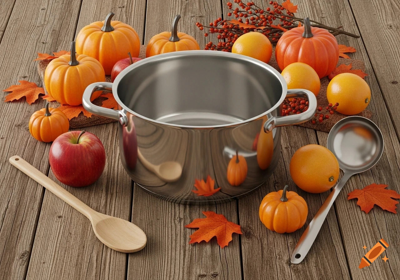 Photorealistic fall still life with a stainless steel pot, pumpkins, apples, oranges, a wooden spoon, and a ladle on a rustic wooden table.