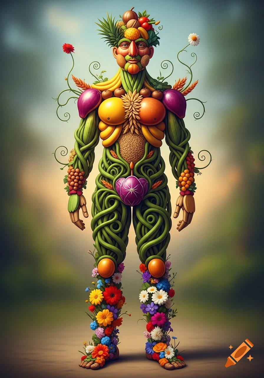 A surreal, dreamlike humanoid figure made of colorful fruits, vegetables, green vines, and flowers, depicted with realistic textures and vibrant colors.