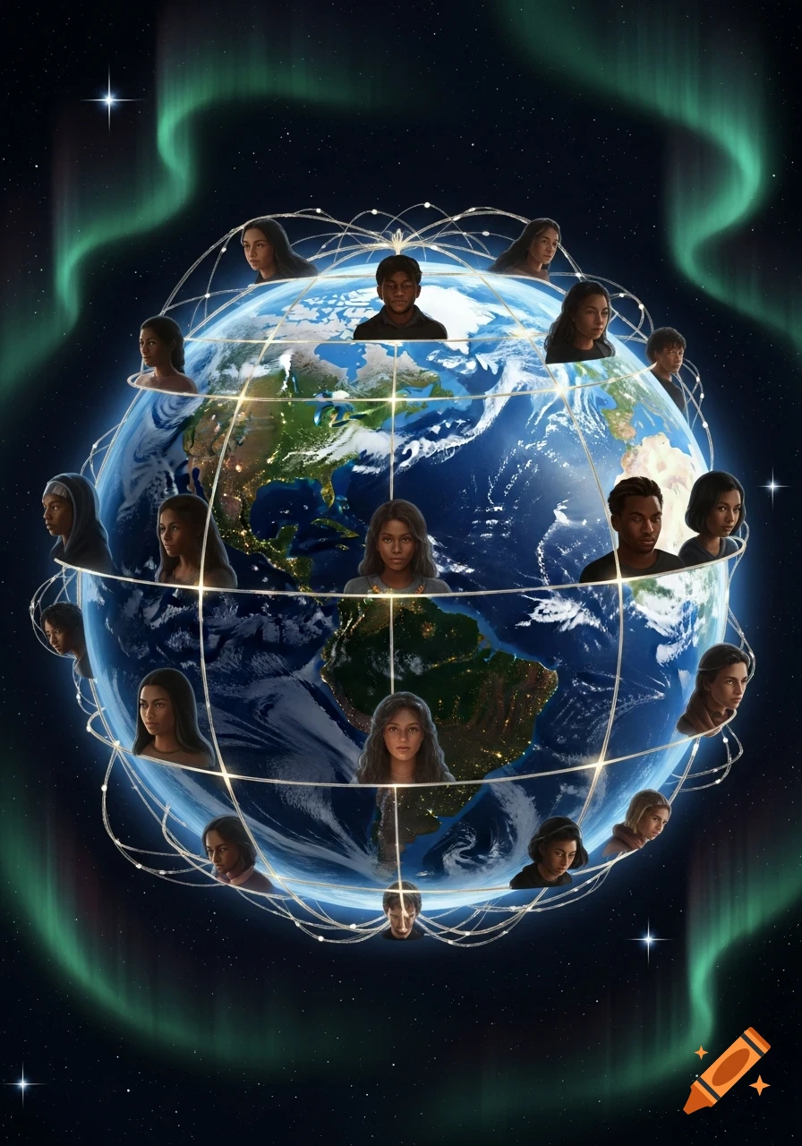 A digital illustration of the Earth globe surrounded by diverse faces of people connected by glowing lines, set against a starry sky with green aurora.