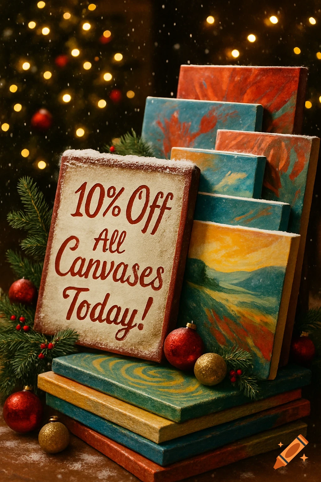 A festive Christmas scene with a sign '10% Off All Canvases Today!', stacked colorful art canvases, ornaments, and snow against blurred Christmas lights.