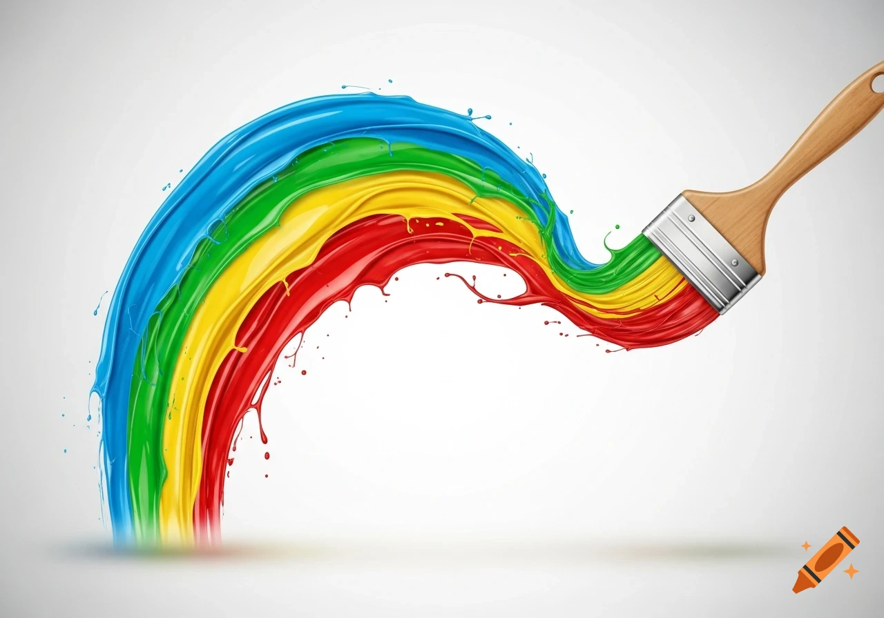 A paintbrush creating a vibrant rainbow-colored paint splash on a white background.