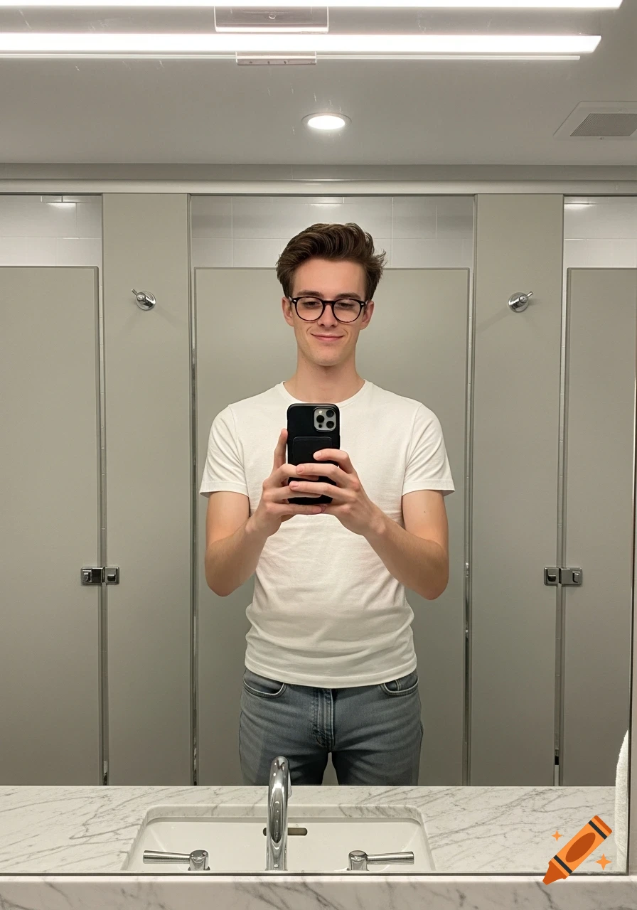 Young man with glasses takes a mirror selfie in a bathroom.