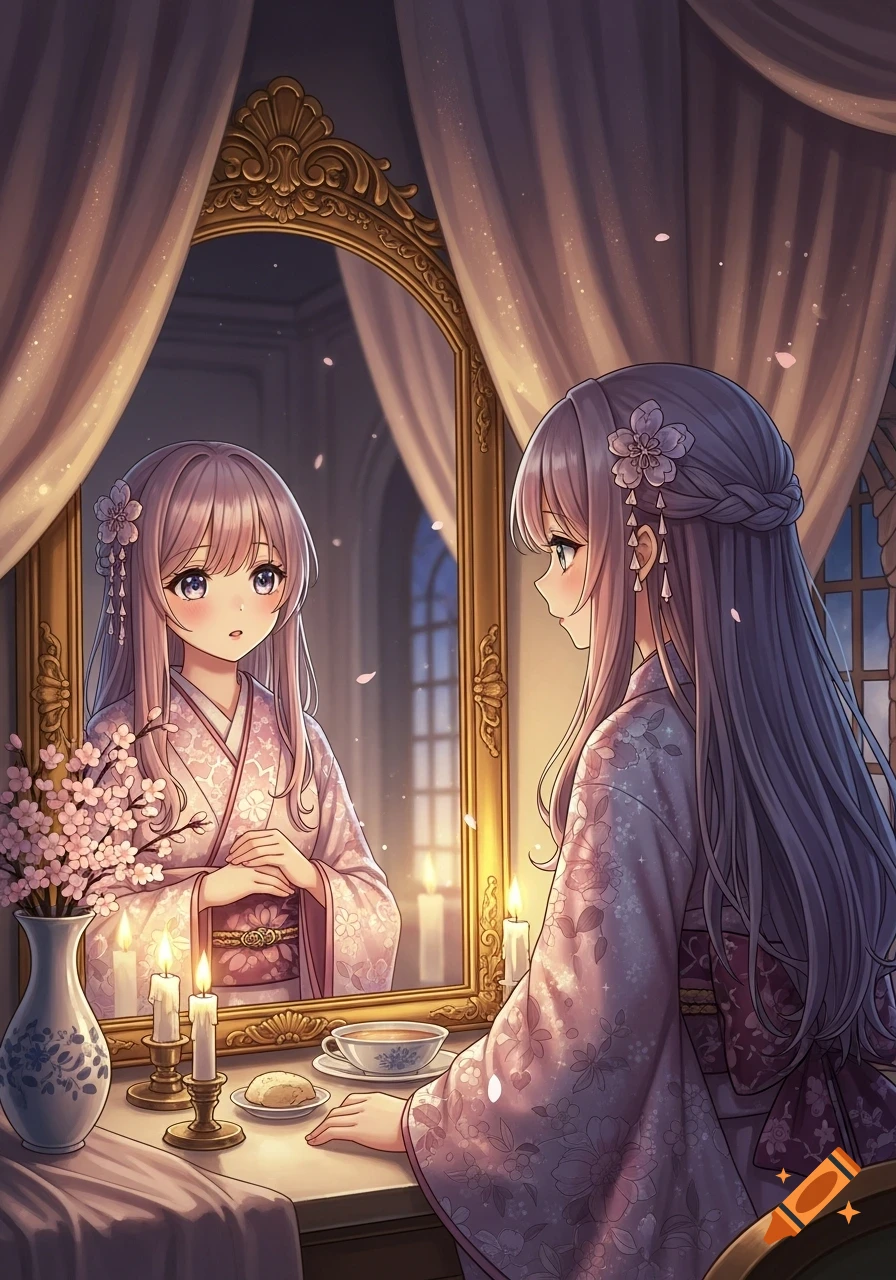 An anime girl in a pink kimono gazes at her reflection in a golden mirror at a vanity table with cherry blossoms and candles.