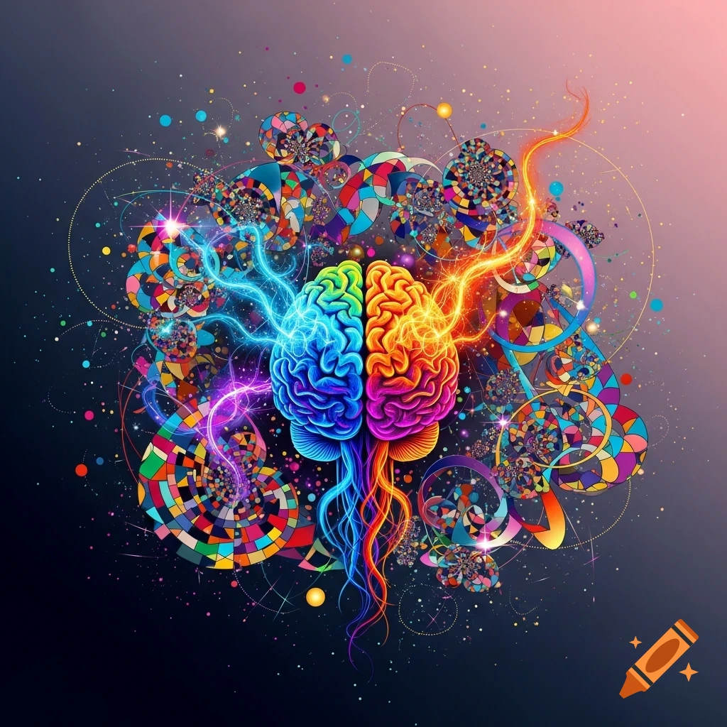 A vibrant, stylized brain split into colorful halves with electric currents and abstract geometric patterns radiating outwards.