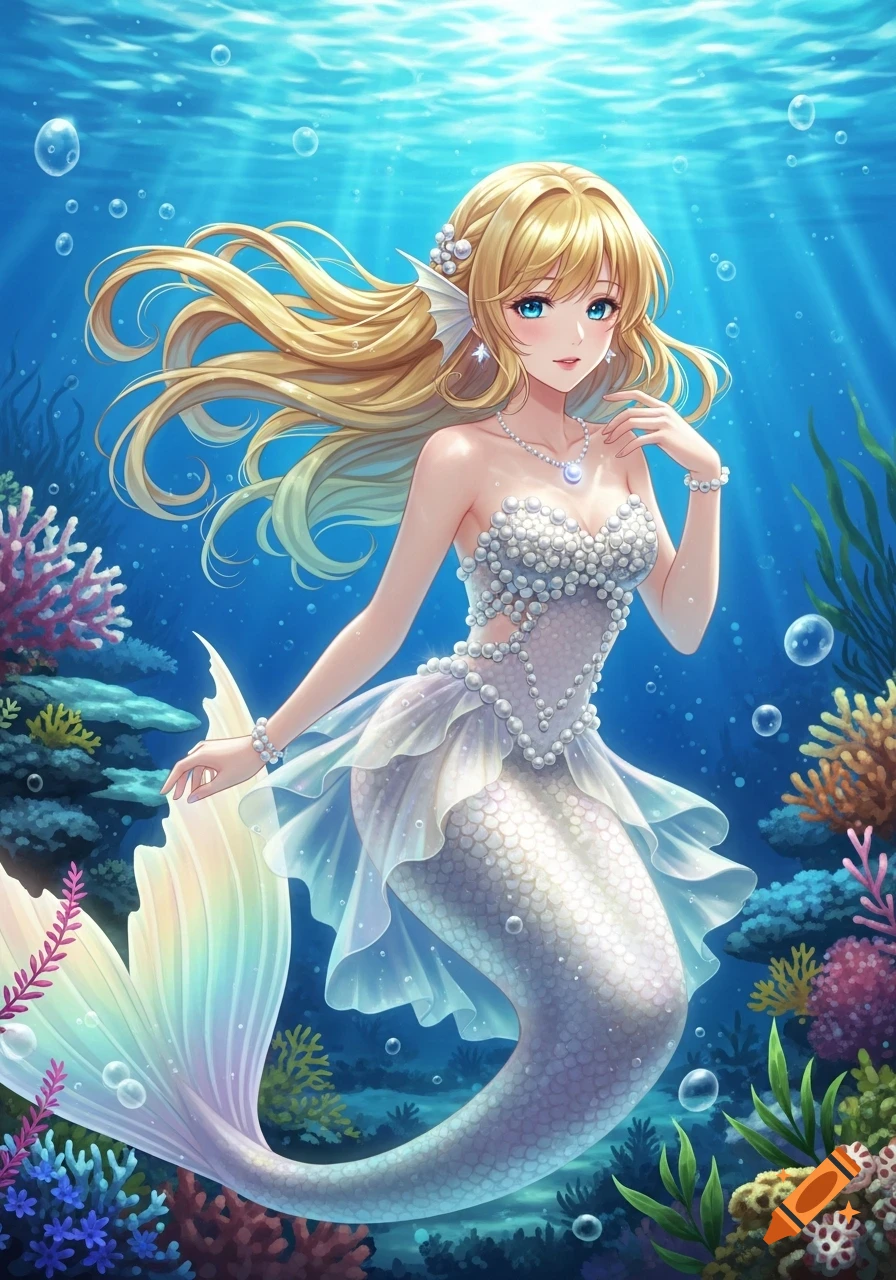 A beautiful blonde anime mermaid with blue eyes, a pearl top and iridescent tail, swims gracefully underwater among colorful coral.