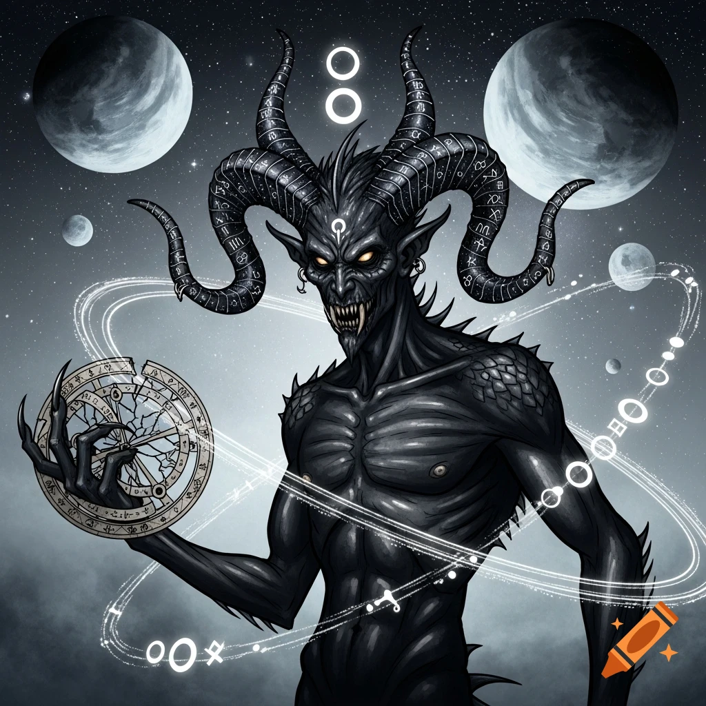 A stylized black demon with glowing eyes and large horns covered in glyphs stands under a starry sky with planets, holding a celestial disc.