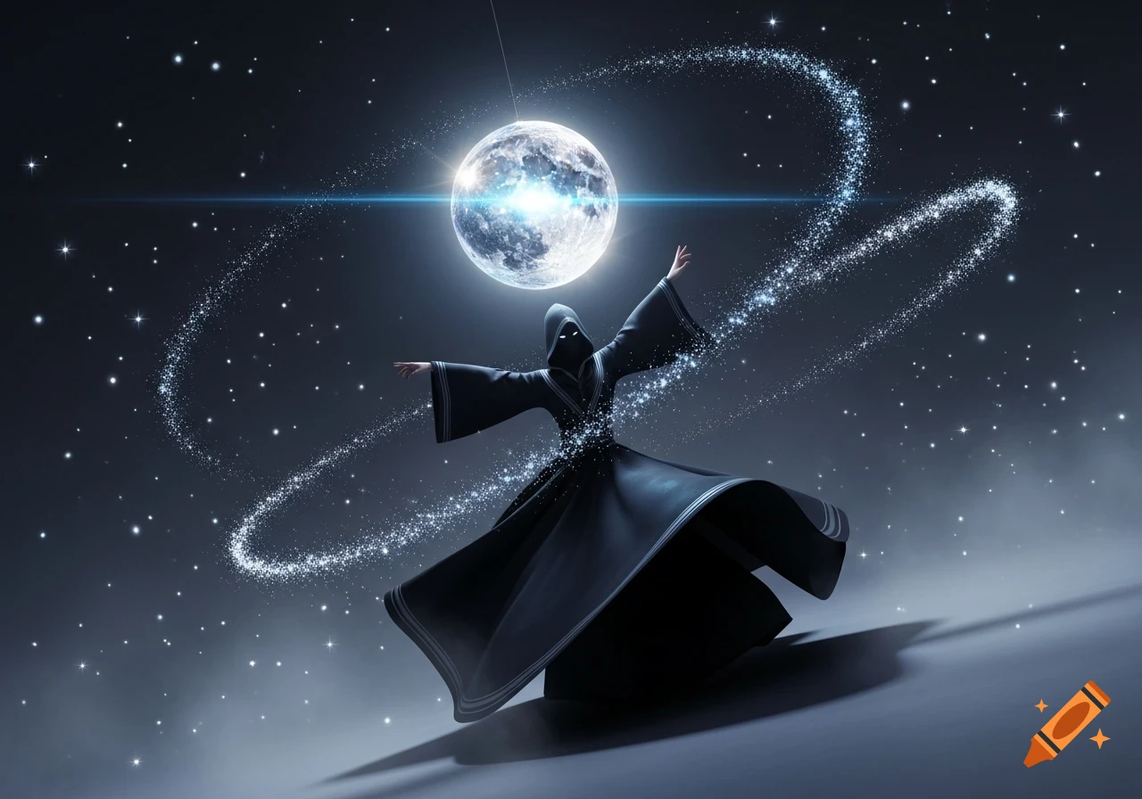 A hooded figure in a black robe dances under a bright moon in a starry night sky, surrounded by swirling magic.