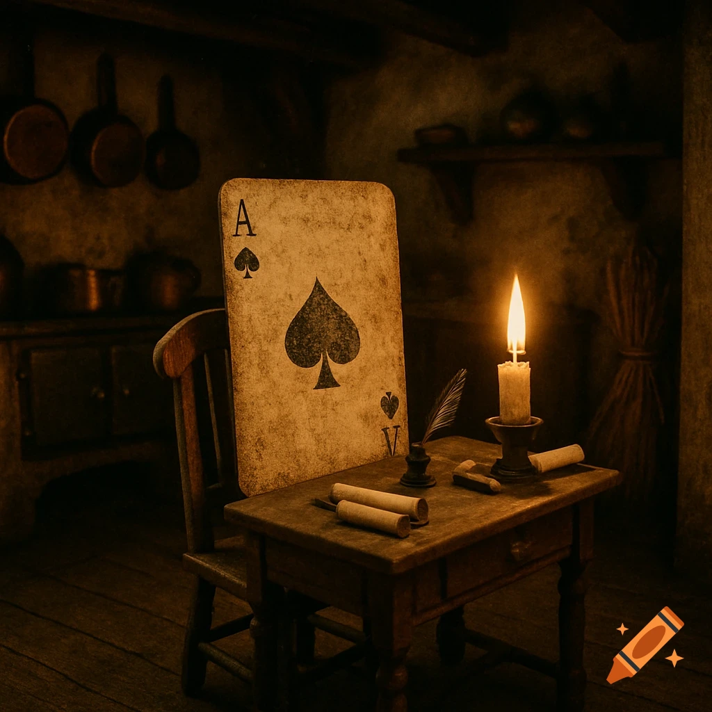 A large, aged Ace of Spades playing card stands on a miniature wooden desk beside a lit candle, quill, and rolled papers, in a dim, rustic 1800s kitchen.