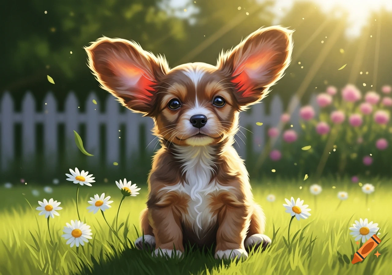 A cute brown and white puppy with very large ears sits in a sunlit grassy garden among white daisies and pink flowers.