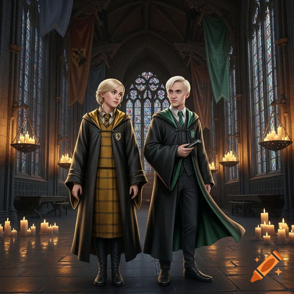 A blonde woman in a Hufflepuff robe and a blonde man in a Slytherin robe stand in a grand, candlelit Hogwarts hall.