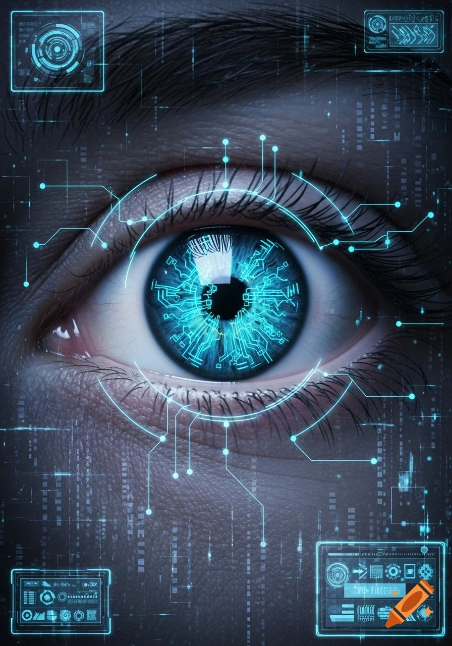 Close-up of a human eye with a glowing blue circuit board pattern in the iris, surrounded by digital UI elements and data streams.