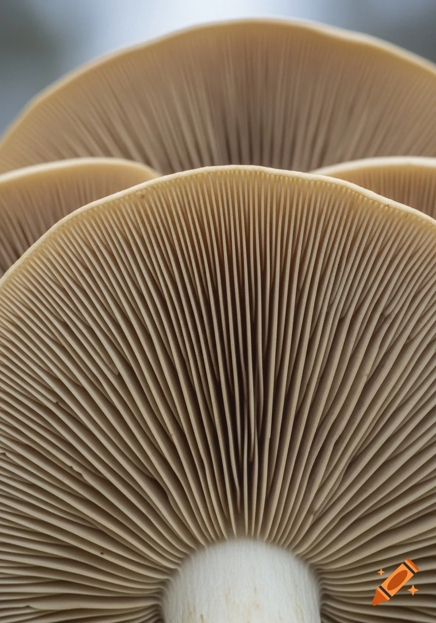 Macro photo of mushroom gill structures spreading outward in a radial pattern with high detail and soft diffused lighting.