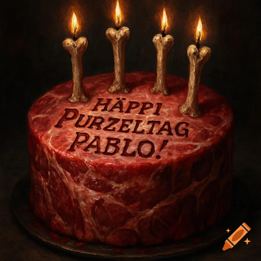 A dark, close-up shot of a birthday cake made of raw meat with four lit bone candles, inscribed with 'HÄPPI PURZELTAG PABLO!'