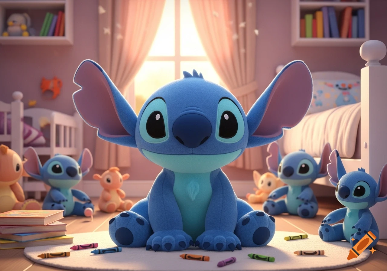 Large Stitch plush toy sits on a rug with crayons in a child's room, surrounded by smaller Stitch and other alien plush toys.