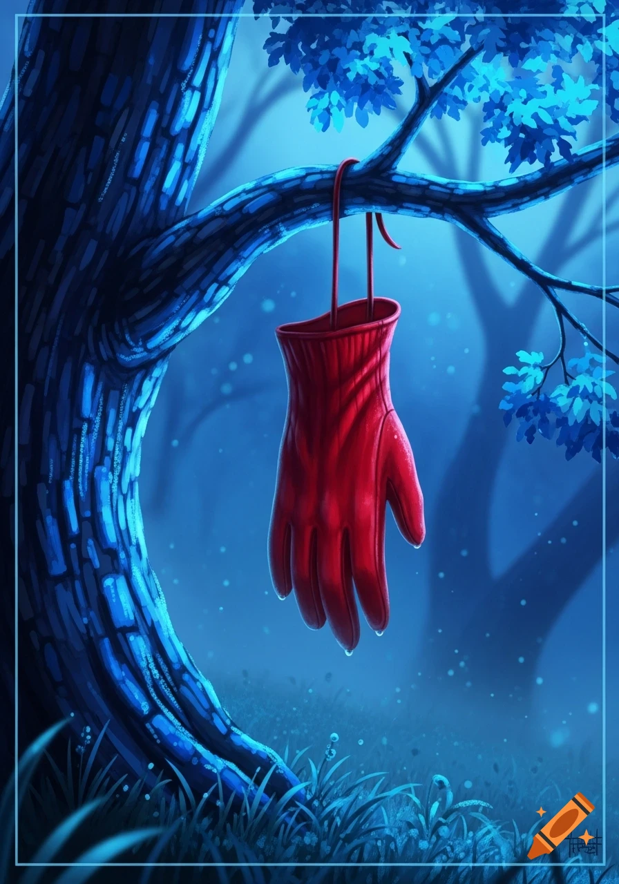 A vibrant red glove hangs from a glowing blue tree branch in a mystical, moonlit forest, with sparkling foliage and grass.