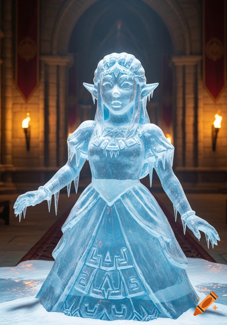 Photorealistic ice statue of Princess Zelda with icicles covering her, standing in a castle hall.