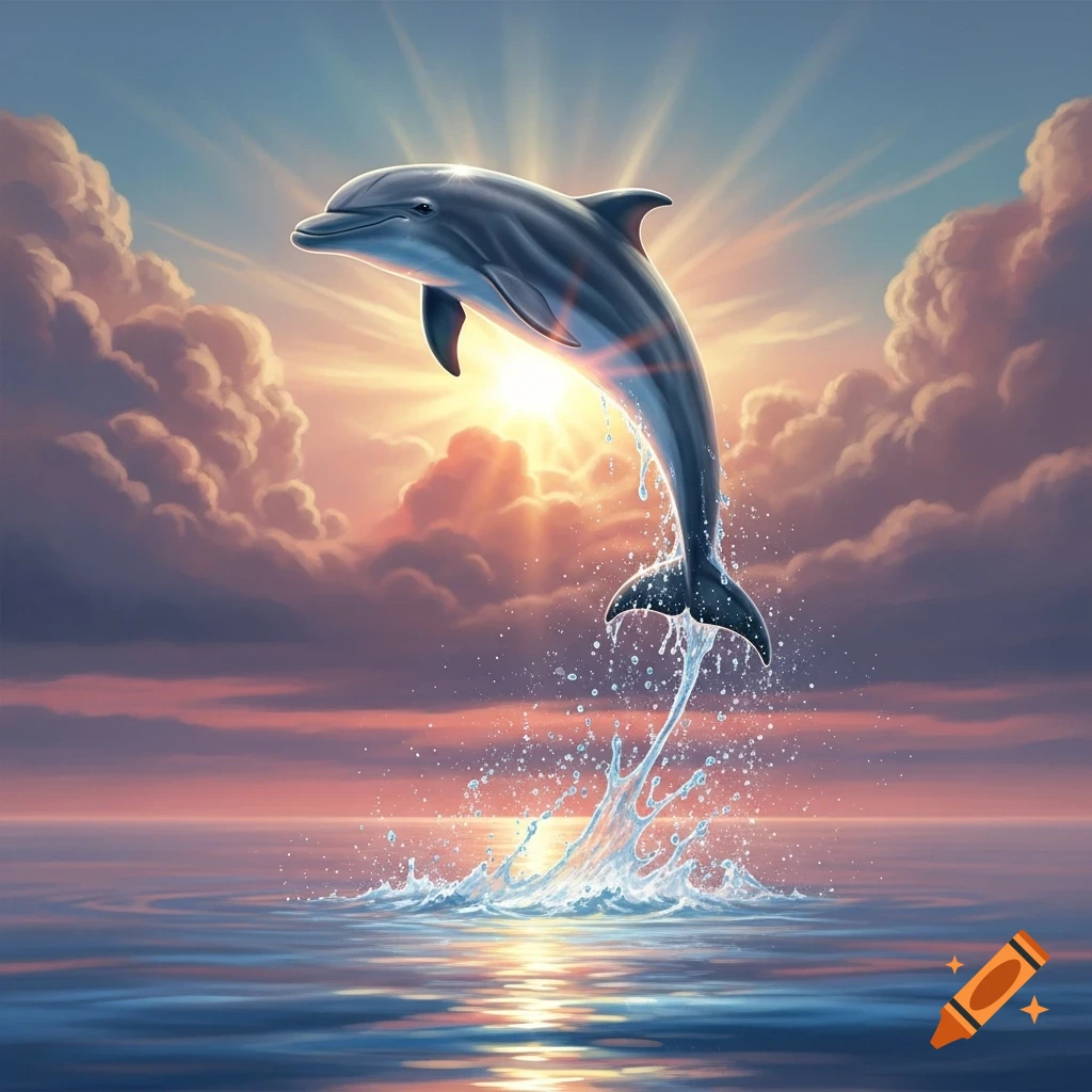 A dolphin leaps from the ocean into a vibrant sunset sky with clouds and water splashing.