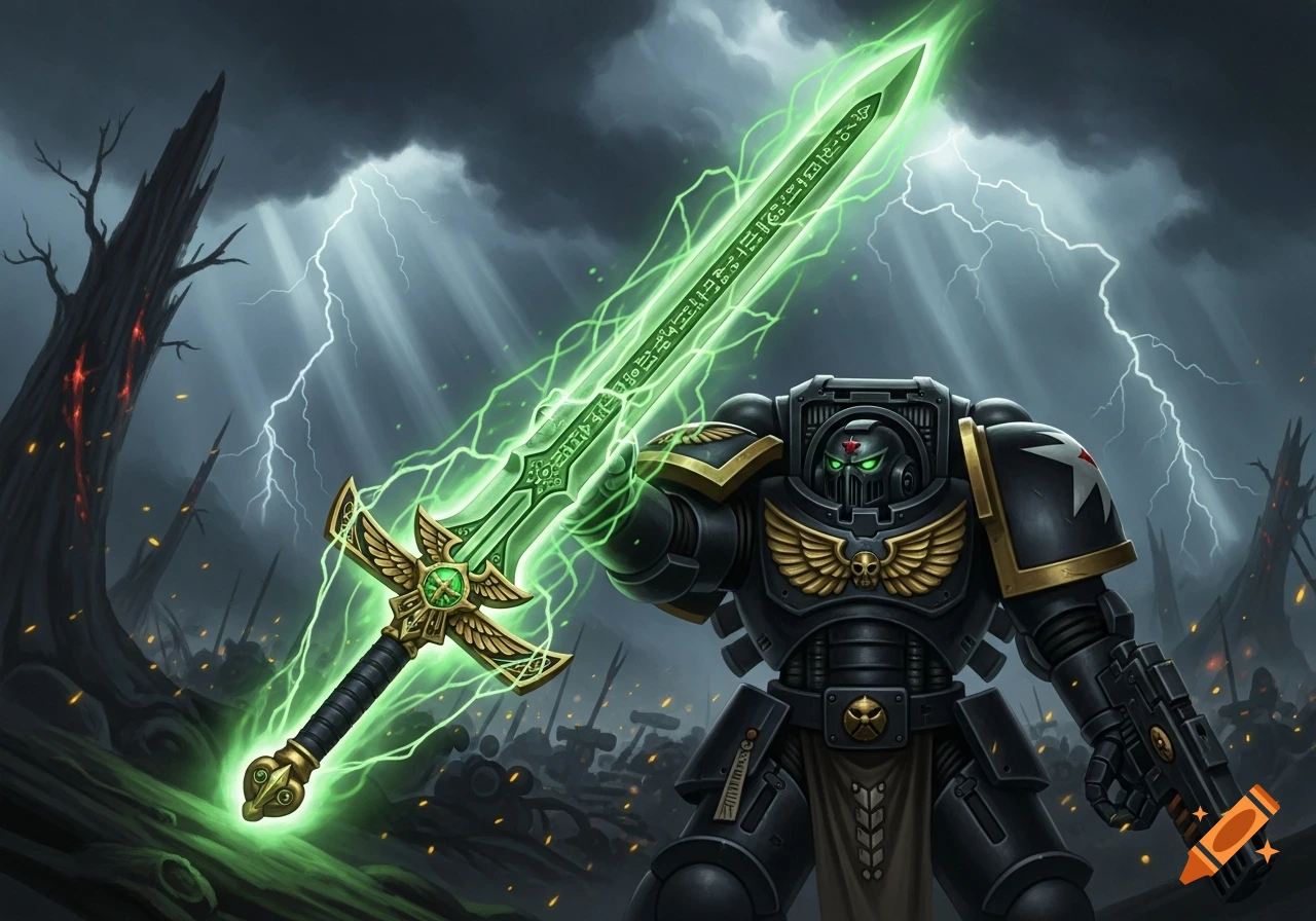 A black armored Warhammer 40K Space Marine holds a glowing green power sword under a stormy, lightning-filled sky.