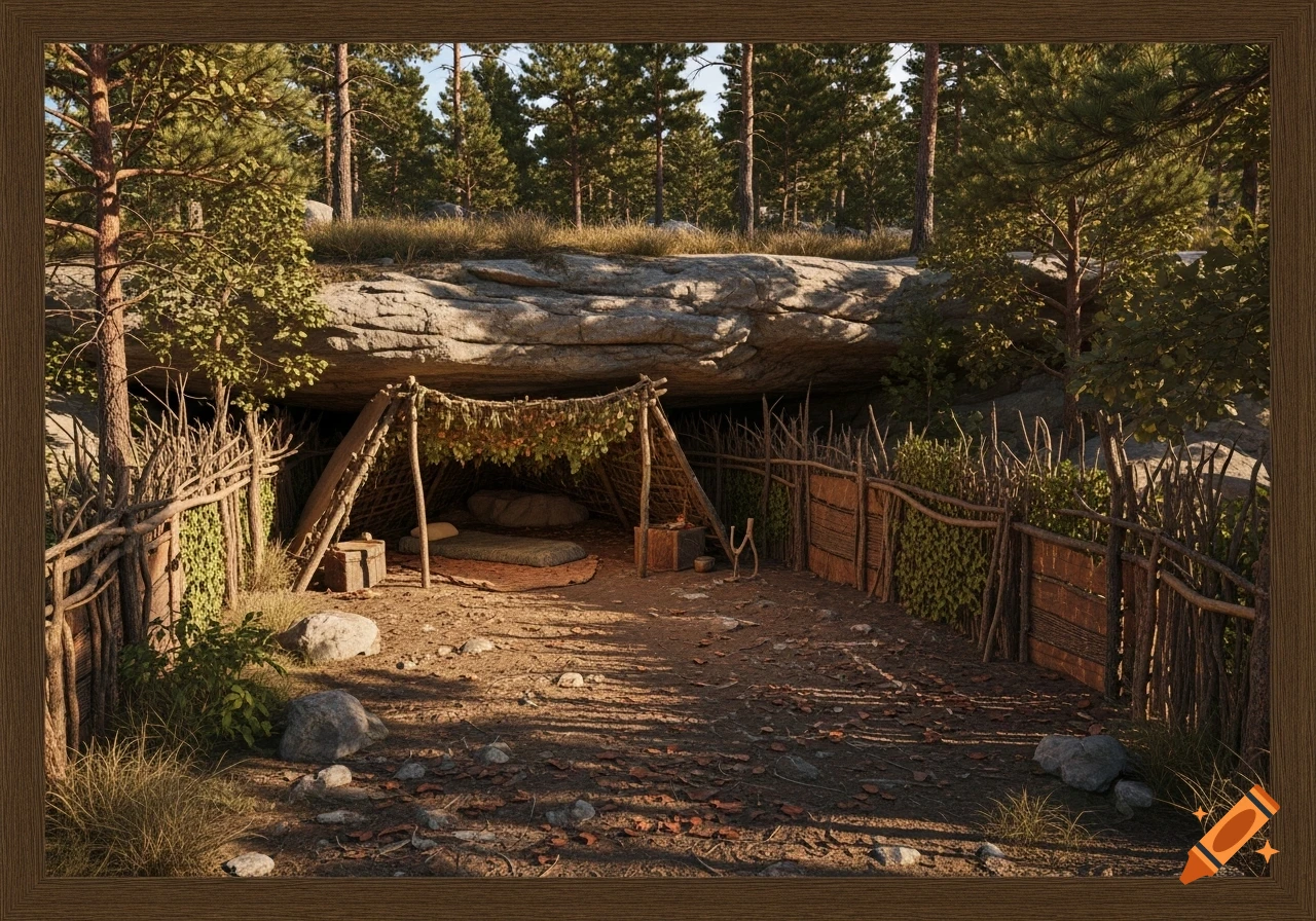 A photorealistic image of a primitive survival shelter made of branches and leaves under a rocky overhang in a forest clearing.