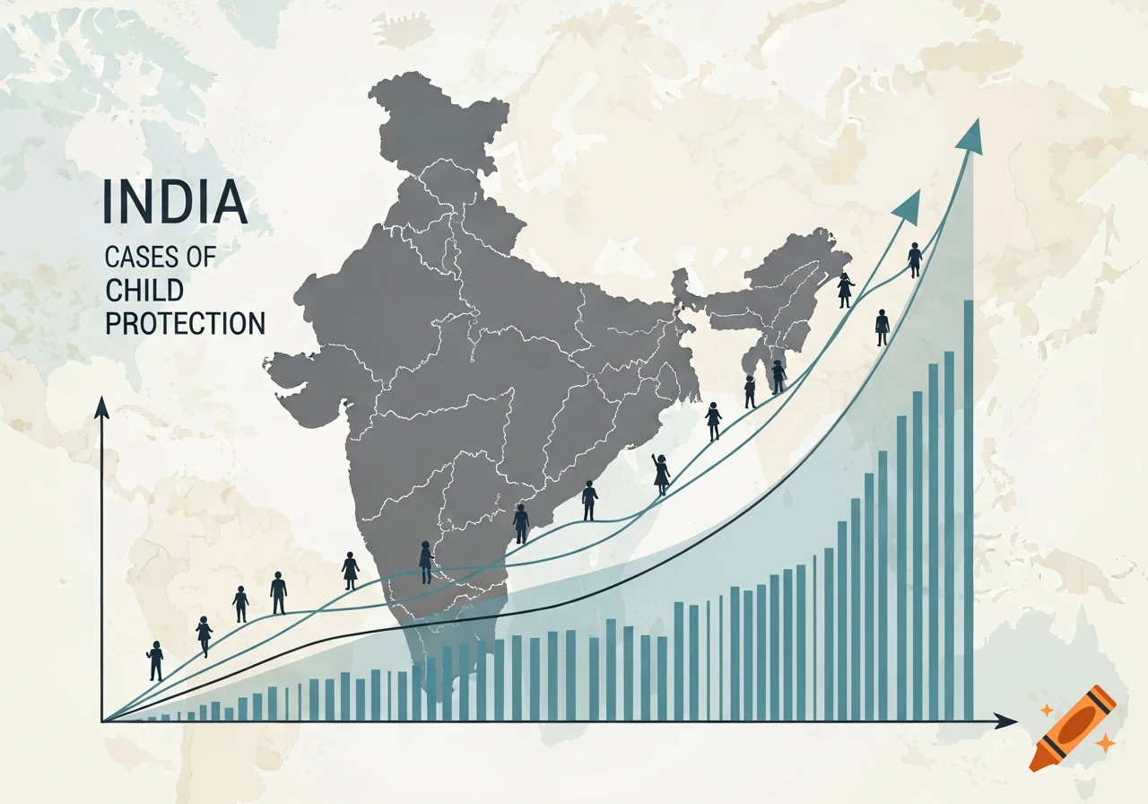 Infographic of India's map with a rising chart showing child protection cases, featuring abstract child symbols, in vector illustration style.