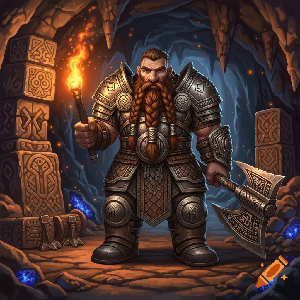A dwarf in elaborate armor with a braided red beard holds a flaming torch and a battle-axe in a dimly lit cave with ancient runes.