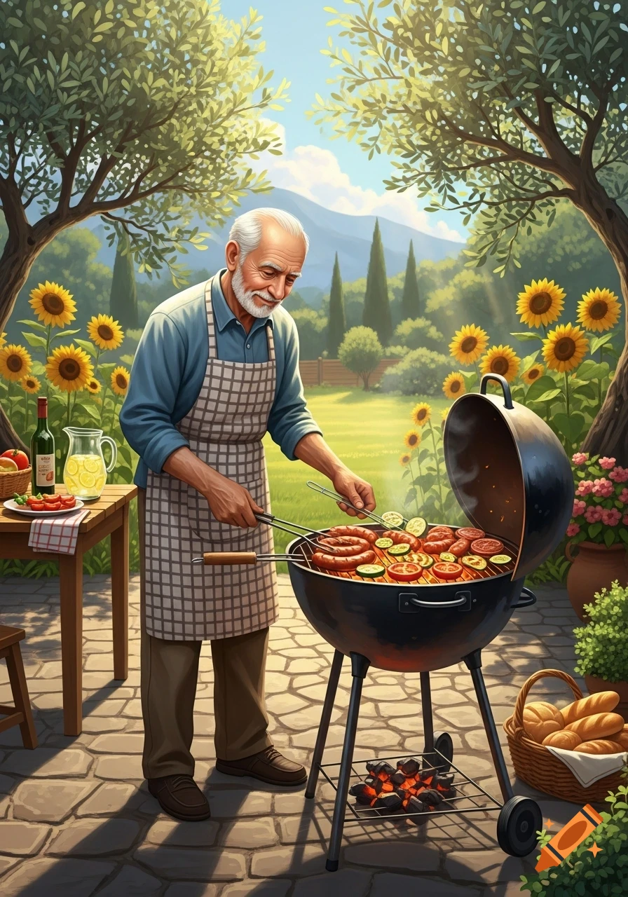 A smiling elderly man with a white beard and an apron barbecues sausages and vegetables on a grill in a sunny garden with sunflowers and olive trees.