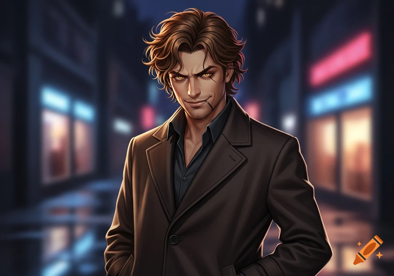 Illustration of a man with messy brown hair, glowing yellow eyes, and a scar, wearing a brown coat and black shirt, in a blurred city at night.