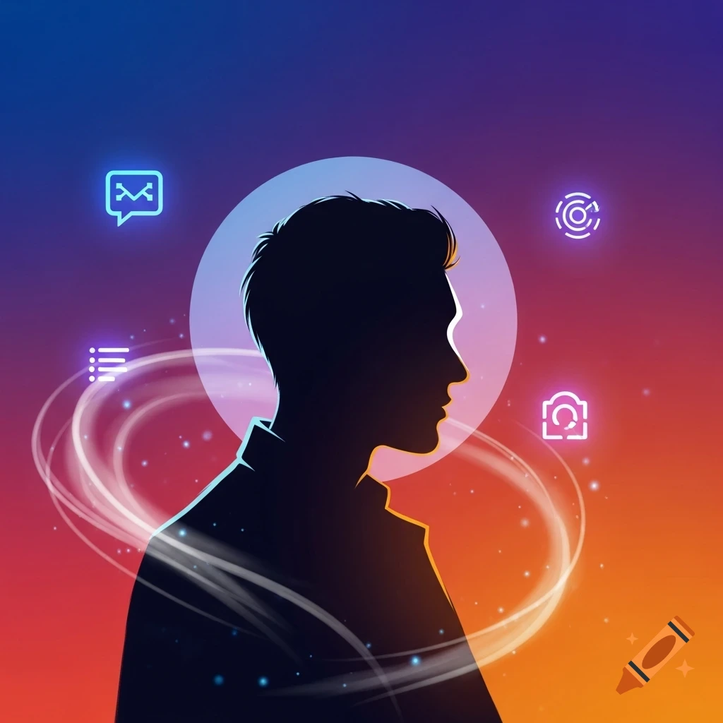 A digital art silhouette of a man with glowing icons and swirling lights on a vibrant gradient background.