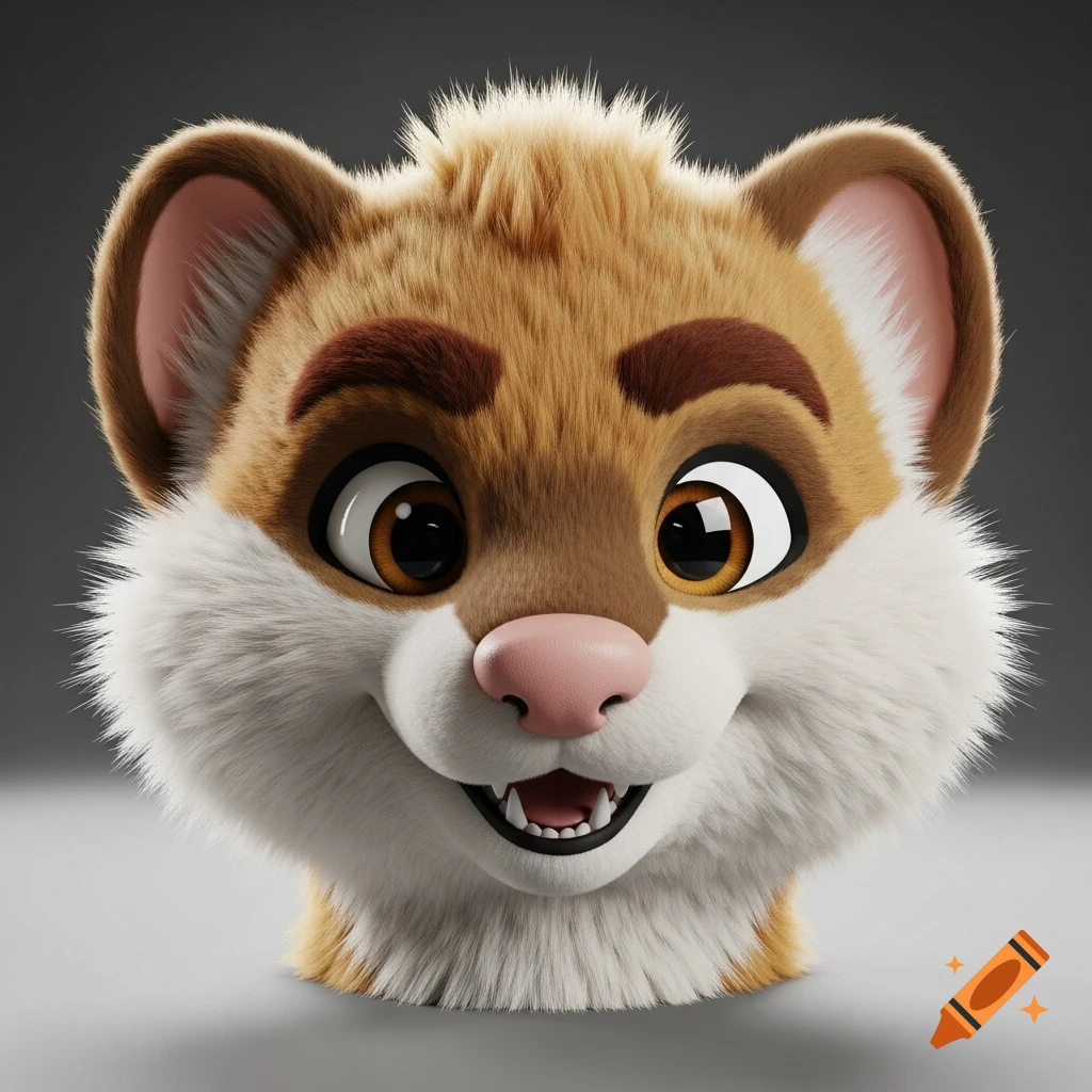A close-up 3D rendering of a friendly, cartoony furry weasel head with brown and white fur, big brown eyes, and a pink nose.