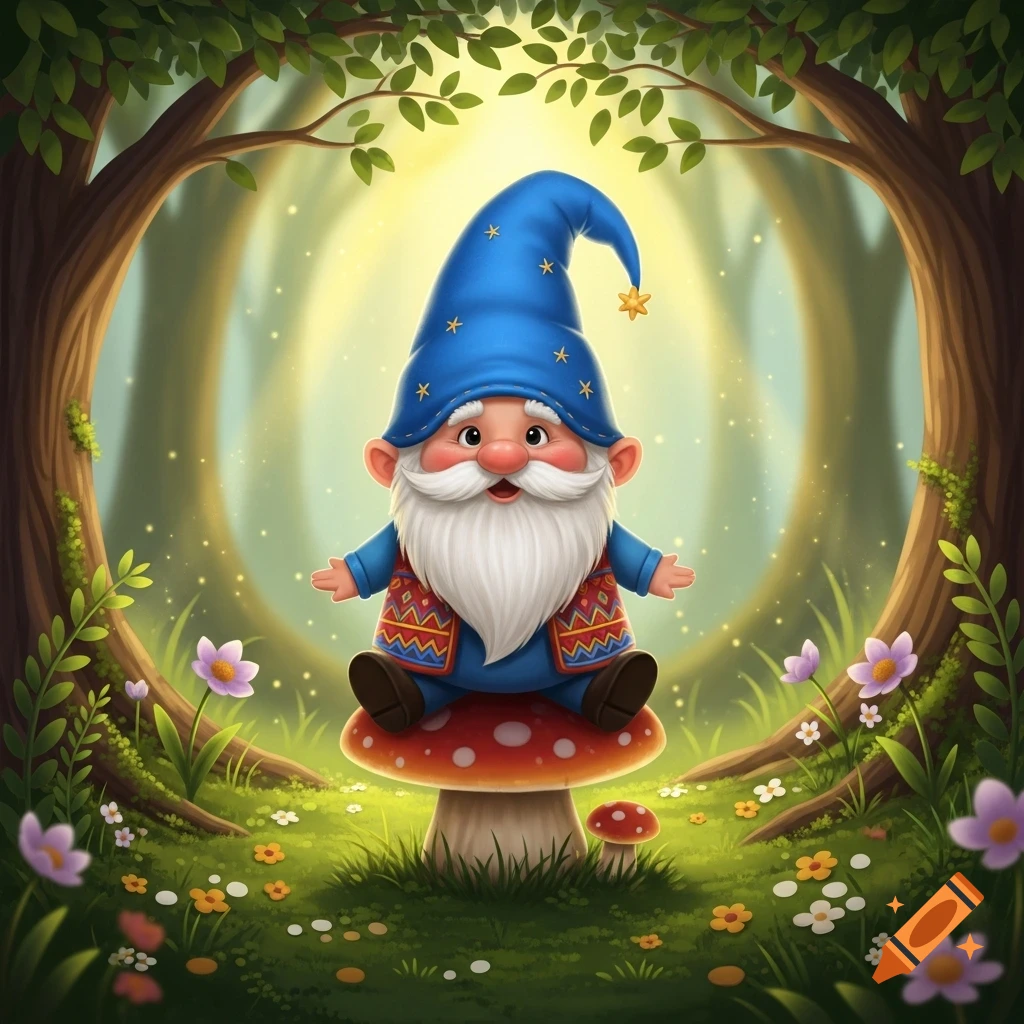 A cute cartoon gnome with a long white beard and a blue hat with stars sits on a red mushroom in a magical forest.