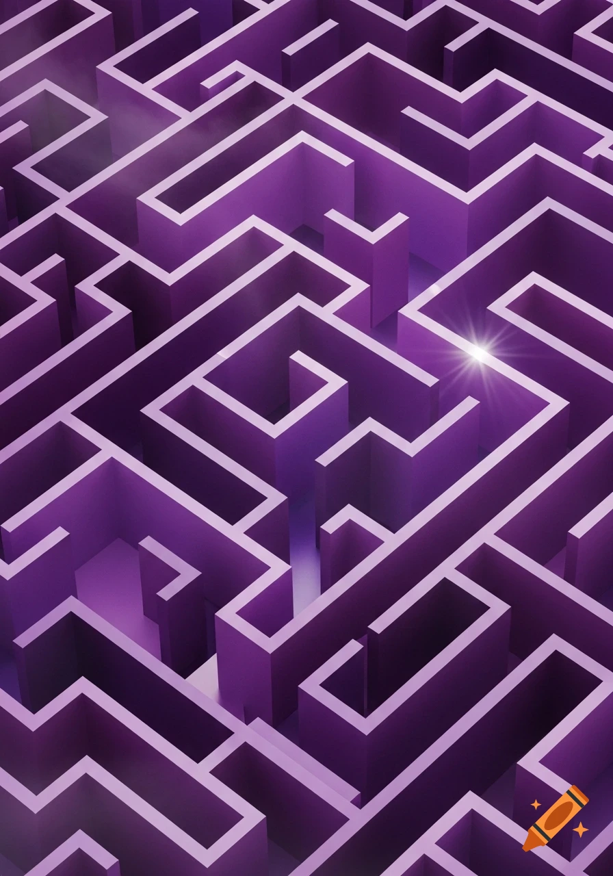 A top-down view of a glowing purple maze with misty sections and a bright light in one path.