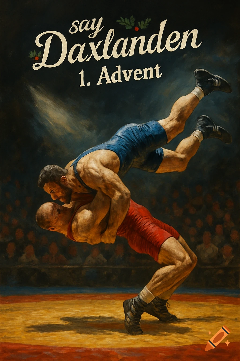Two muscular wrestlers in a suplex hold, one in blue and one in red, on a wrestling mat under text "say Daxlanden 1. Advent". Painted style.