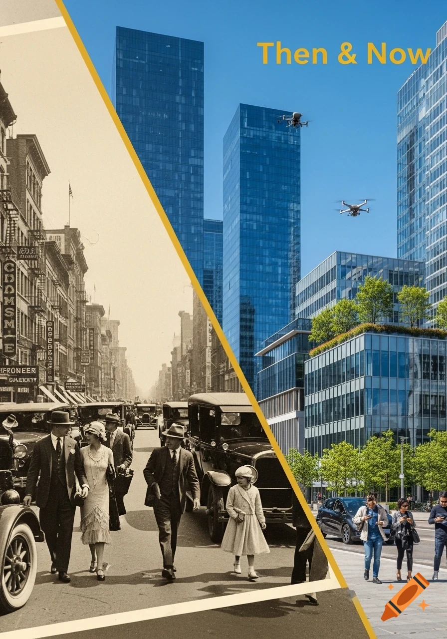 A split image showing a black and white historical city street with classic cars and people on the left, and a vibrant modern city street with skyscrapers, drones, and people on the right. The text "Then & Now" is overlaid on the modern sky.